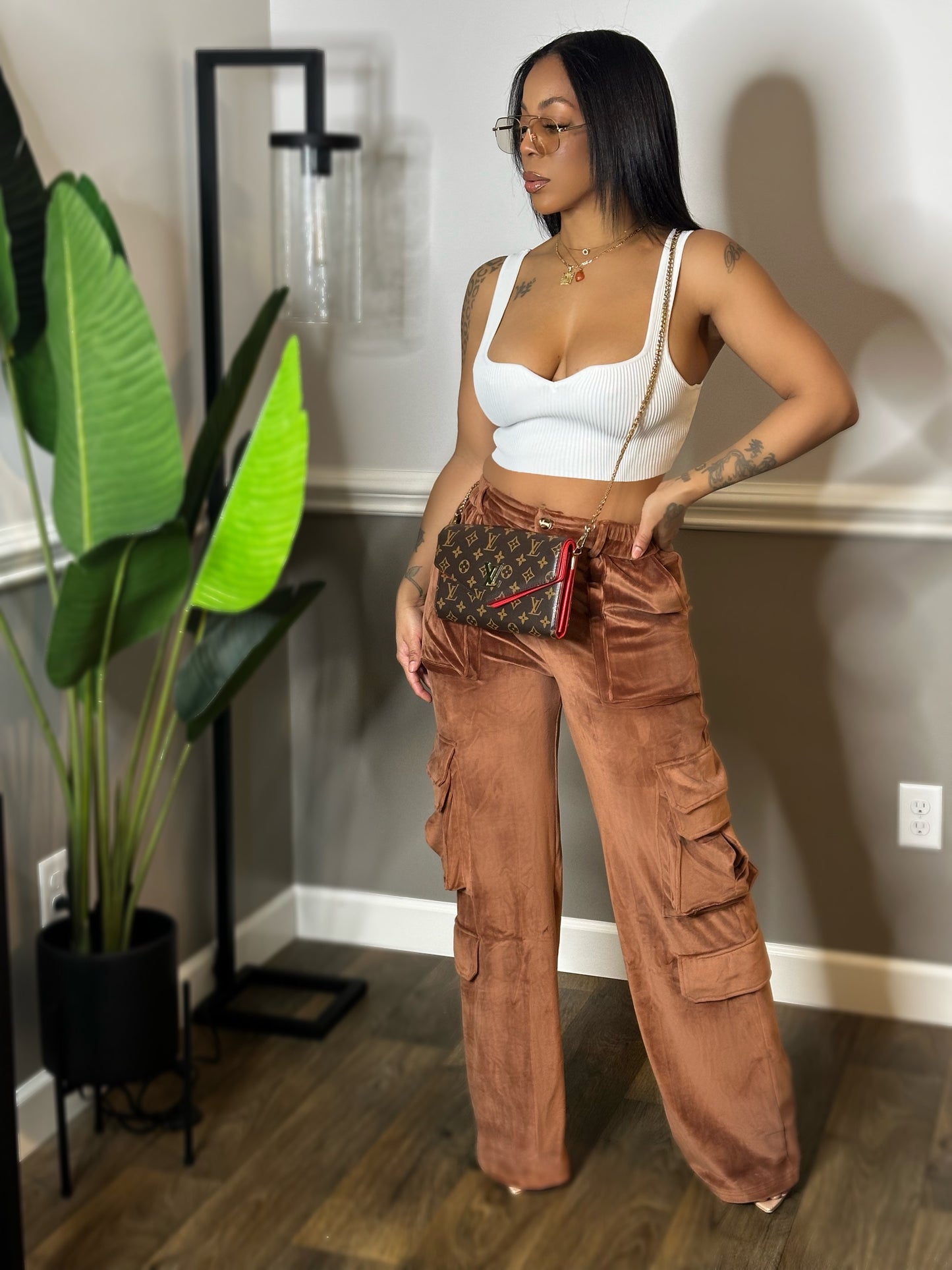 Brown velvet cargo pants