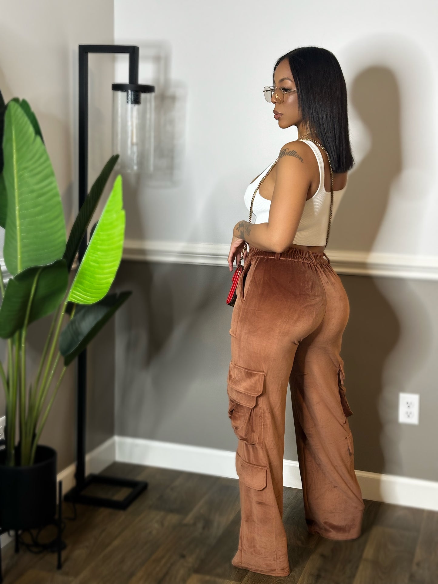 Brown velvet cargo pants